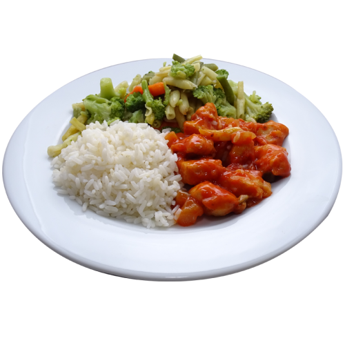 Kip pilav met Franse groentemix en witte rijst (zout/natrium arm)